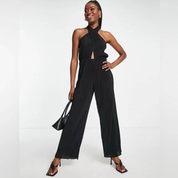 NEW & Other Stories Twist Halter Jumpsuit Wide Leg Micro-pleats Black M NWT - Picture 1 of 16